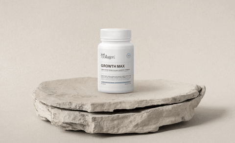 Just Collagen Growth Max Product on pedestal resembling healthy bones