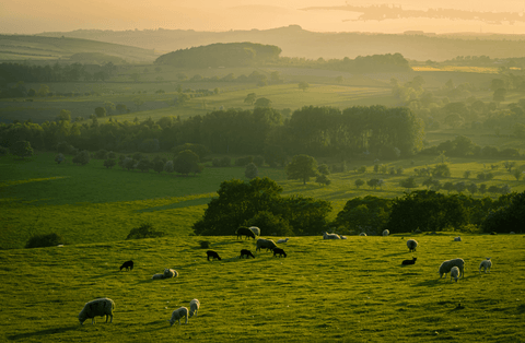 landscape of green land and cows for bovine hide collagen