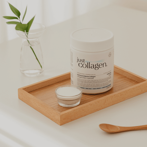 Just Collagen Hydrolyzed Marine Collagen Peptides on Tray with Plant Hero Image